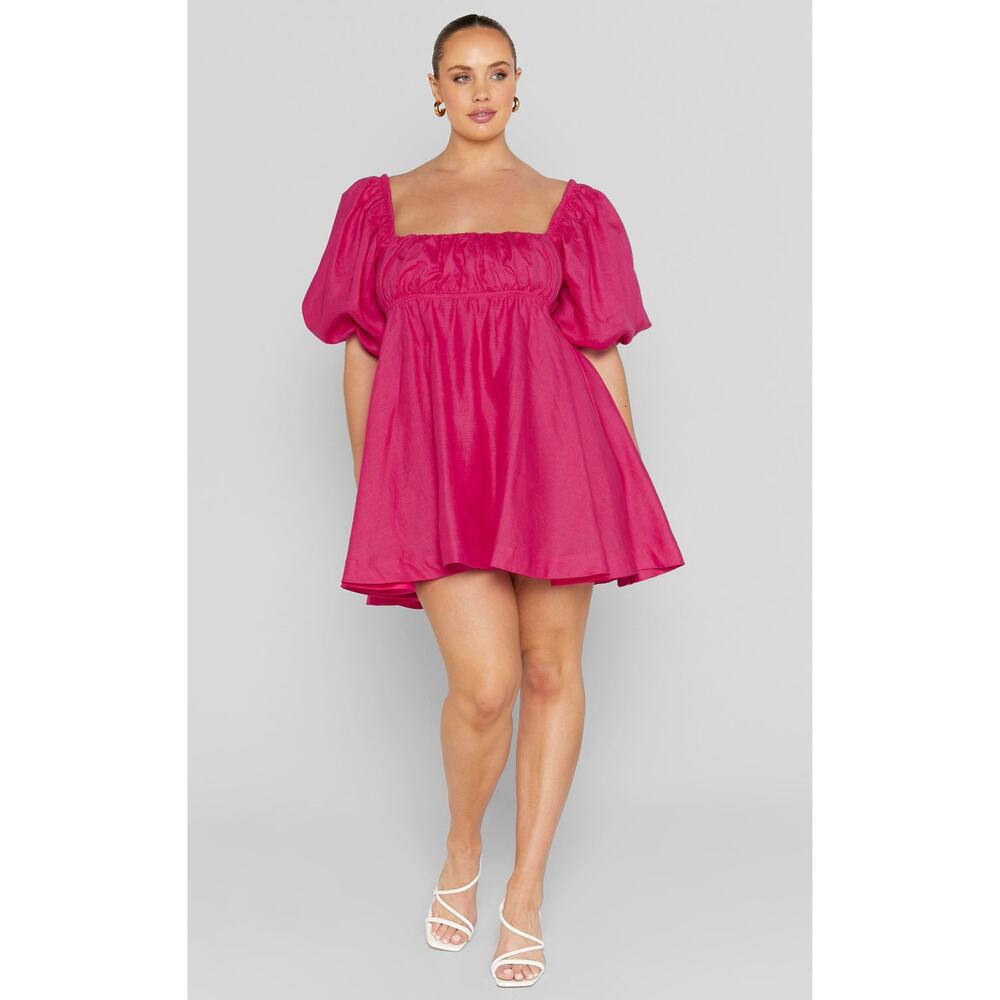 AMALIE THE LABEL Showpo. HAMYYA LINEN TIE BACK PUFF SLEEVE MINI LINEN DRESS 16